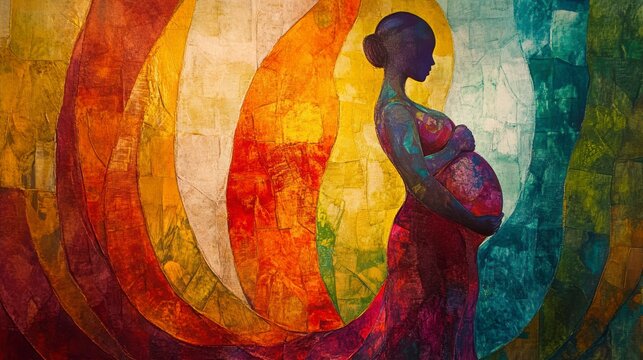 Naklejki Pregnant woman silhouette against vibrant, abstract, colorful background.