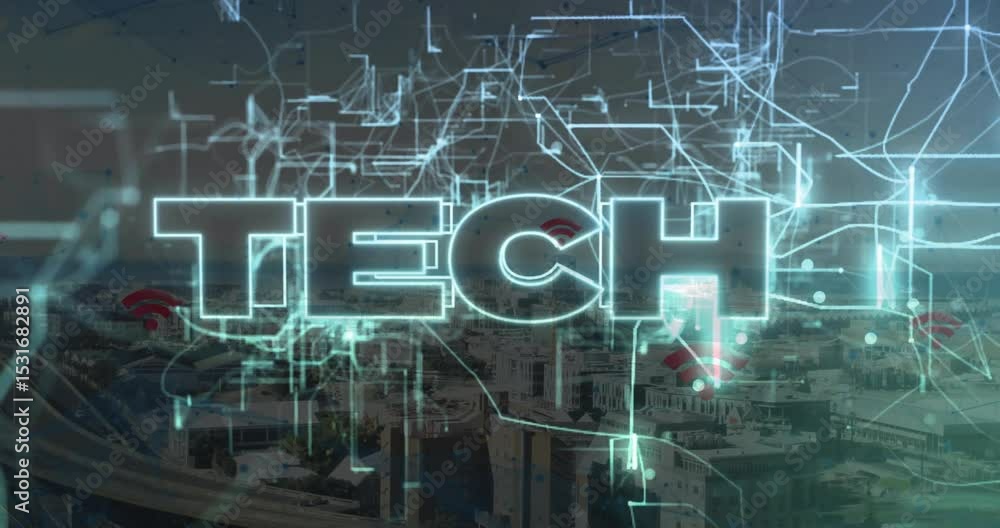 Poster Neon-blue circuitry tracing skyline weaving Wi-Fi nodes converging into TECH text showing network