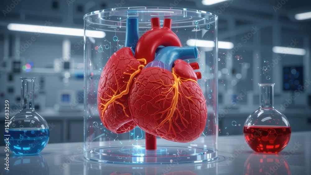 Poster a detailed 3d model of a human heart displayed in a transparent container, surrounded by laboratory 