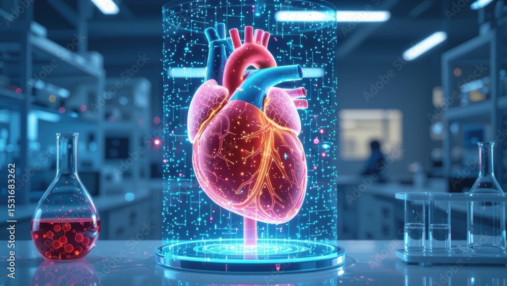 Poster a futuristic 3d holographic heart model displayed in a high-tech laboratory setting with scientific 