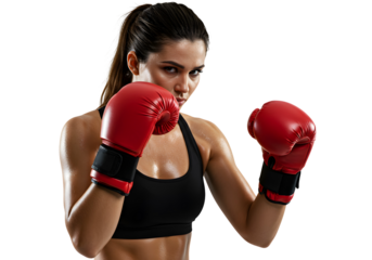 Powerful Boxer Woman In Red Boxing Gloves Training