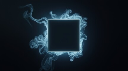 A glowing square is surrounded by swirling blue smoke against a dark background, creating a mysterious and futuristic visual effect.