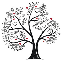 A black and white tree of love with red hearts as leaves and fruit