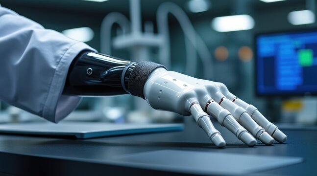 A robotic hand interacts with a touchscreen device, showcasing advanced technology in a futuristic, high-tech environment.