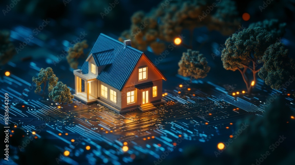 Poster illuminated house model on a circuit board, surrounded by trees at night.
