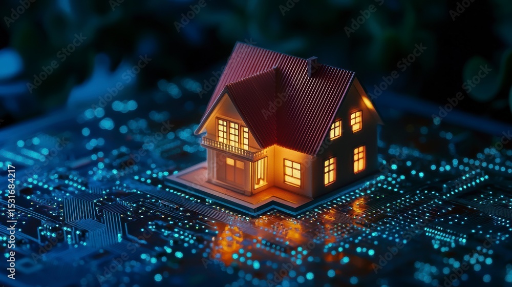 Poster illuminated miniature house model on a circuit board, representing smart home technology.
