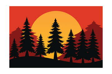 Obraz premium Majestic Sunset Silhouette Pine Trees against a Fiery Orange Sky