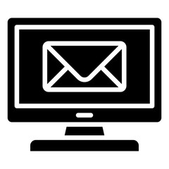 Email Online - Glyph Black Fill Silhouette icon - Desktop monitor with email envelope on screen, representing online email access or digital inquiries
