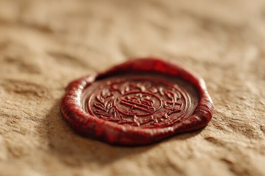 Close-up of a red wax seal on aged paper.  Intricate design - Powered by Adobe