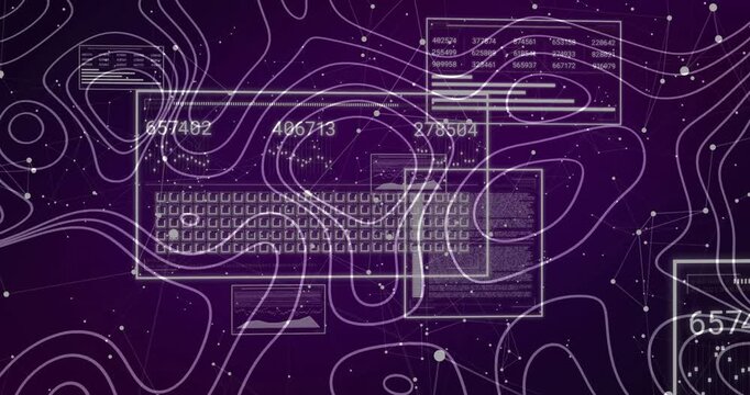 Opening violet backdrop contours drifting as monitor-keyboard outlines emerging showing data trends