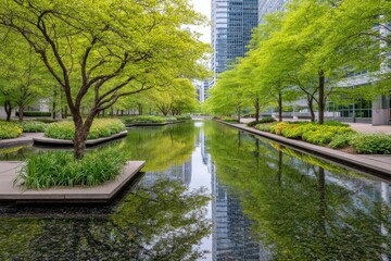 Urban oasis with a reflecting pool. Lush greenery surrounds a tranquil waterway, mirroring modern high-rises
