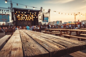 Outdoor wooden table at a music festival.  Blurred background of people enjoying the show