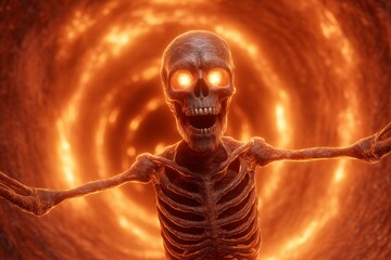Glowing eyes skeleton in fiery tunnel with dramatic lighting and intense atmosphere
