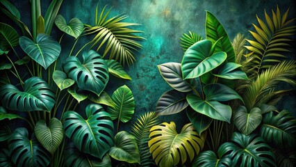 Lush Tropical Foliage Arrangement Against a Deep Teal Background, Featuring a Variety of Vibrant Green Leaves and Textured Plant Life