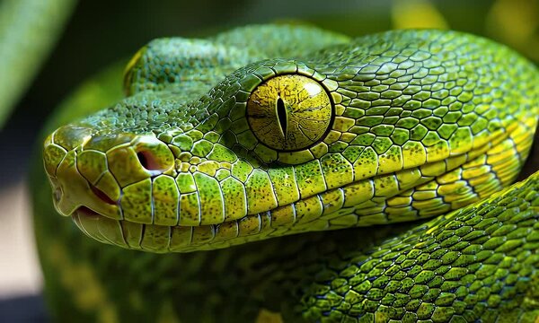 Close up of Vivid Green Tree Python Face with Striking Yellow Eye and Blurred Branches in Background