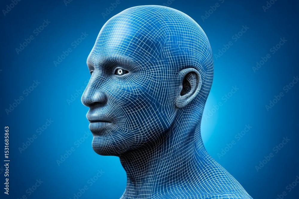 Poster digital human model wireframe with blue mesh on gradient background
