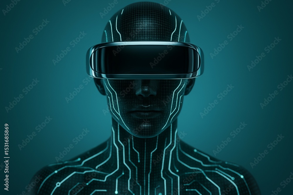 Poster futuristic virtual reality concept with human-machine interface and digital circuitry