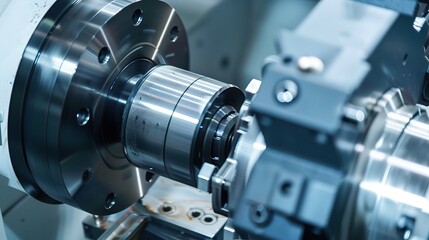 Close-up of a CNC turning machine in operation, showcasing precise automation as it shapes a metal workpiece with a cutting tool. The machine's digital control panel displays programming data, while t