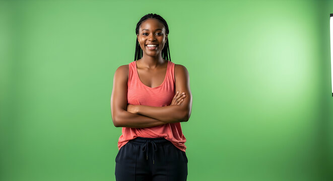 Smiling woman in coral tank top against green screen - Powered by Adobe