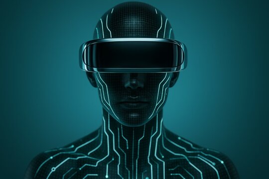 Futuristic virtual reality concept with human-machine interface and digital circuitry
