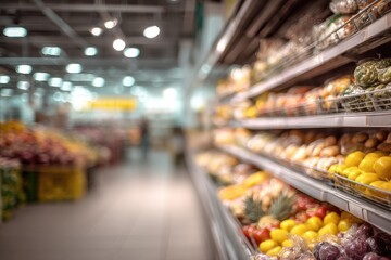 Fototapeta premium Grocery store produce section, shelves full of fruits and vegetables, blurry background