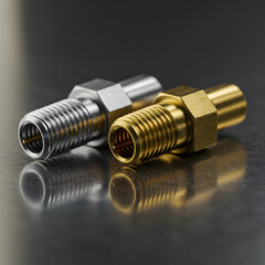 A close up studio shot of two metal threaded fittings in silver and gold on a dark surface