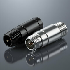 A close up shot of two coaxial connectors, one black and one silver, on a reflective gray surface