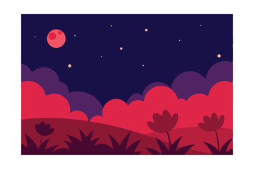 Crimson Night Sky Over Flower Field Vector 