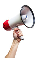 Hand holding red and white megaphone isolated on a white background png generated ai