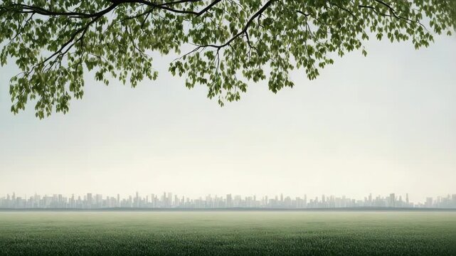 Green grass field framed by tree leaves with distant city skyline view