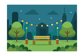 Fototapeta premium Cartoon Urban Park Illustration with String Lights