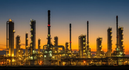 Industrial Refinery at Sunset Panorama of Oil and Gas Processing Plant