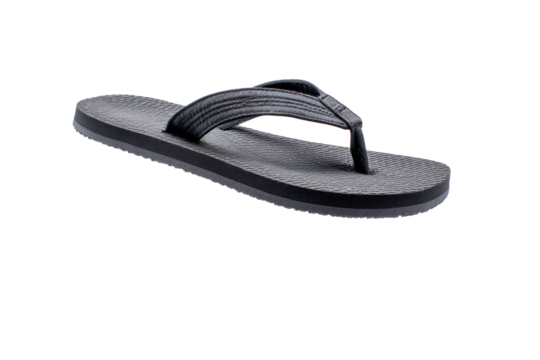 A black flip flop with a black strap
