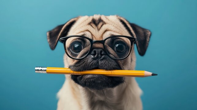 Adorable pug dog wearing glasses holds a pencil in its mouth against a blue background.