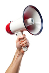 Hand holding red white megaphone isolated on a white background png generated ai