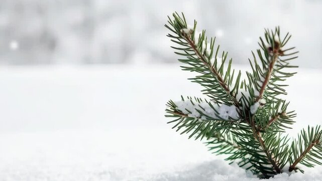 Close-up of small evergreen sapling covered with fresh snowfall during the winter season, outdoor landscape, isolated plant.