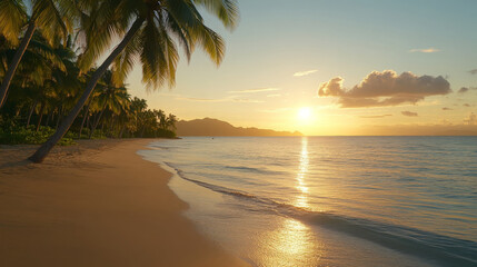 Fototapeta premium Tropical beach with palm tree, golden sand, calm sea, and sunset sky, peaceful atmosphere