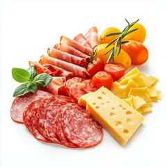 Salami cheese and vegetables on white background. Ai generative.
