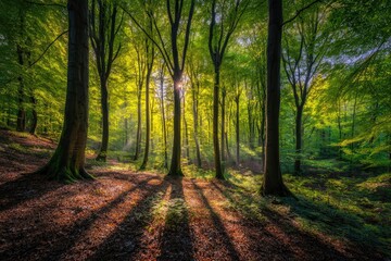 Fototapeta premium Sunlight streams through a vibrant forest