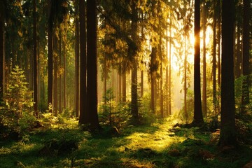 Golden sunlight streams through a dense forest