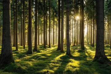 Fototapeta premium Sunlit forest floor, dense trees