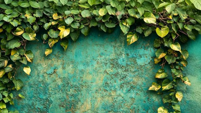 Lush green ivy vines frame a weathered teal wall, creating a natural, textured background