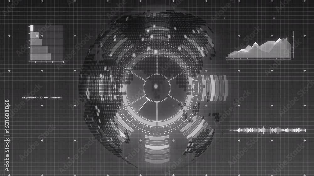 Poster grid interface starting globe rotating, charts rising, code updating, showing data trends