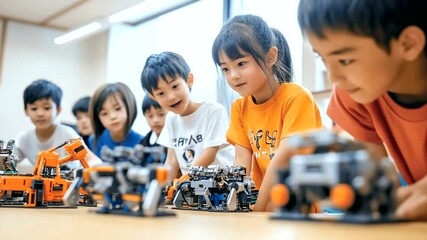 Kids focused on building robots at a class or workshop - Powered by Adobe