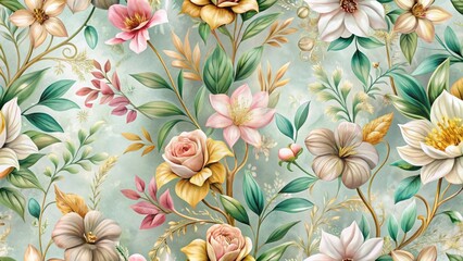 Fototapeta premium Exquisite Botanical Print Featuring a Lush Arrangement of Roses, Magnolias, and Other Delicate Blooms on a Soft Green Background