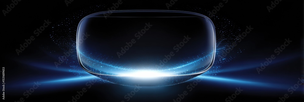 Poster virtual reality headset featuring a glowing digital interface in a dark setting showcasing modern te