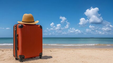 Summer Vacation Suitcase and Straw Hat on Sandy Beach Tropical Getaway
