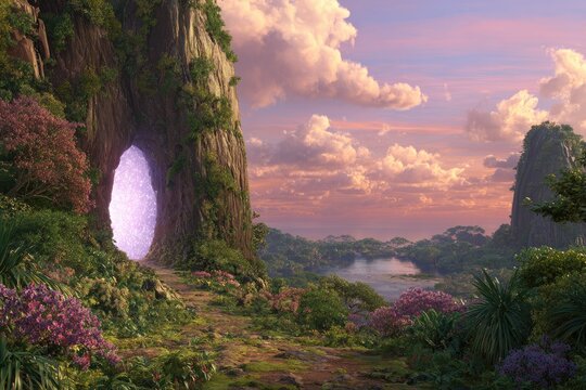 Fantasy portal in lush valley at dawn
