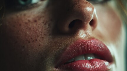 Fototapeta premium Cinematic close up captures the delicate details of a freckled face, focusing on glossy lips slightly parted, conveying a sense of wonder or expectation in a dimly lit setting