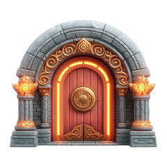 Intricately Carved Ancient Stone Doorway With Illuminated Wooden Panels And Decorative Accents